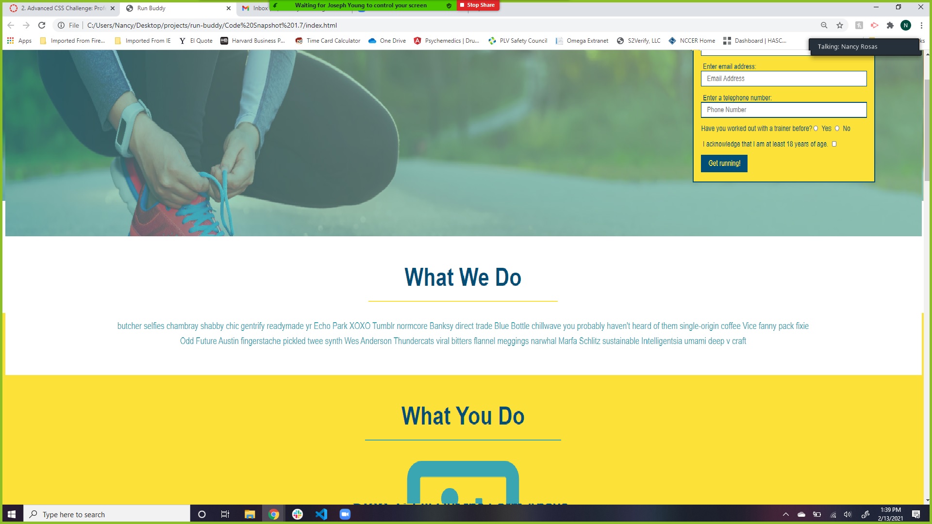 A sample screenshot of the blue and yellow Run-Buddy landing page.